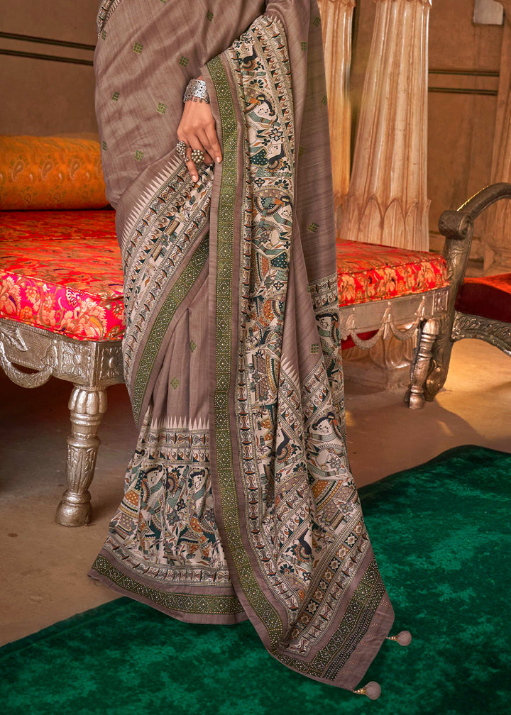 Brownish Purple Viscose Silk Saree with Luxury Print & Dew Drop Detailing