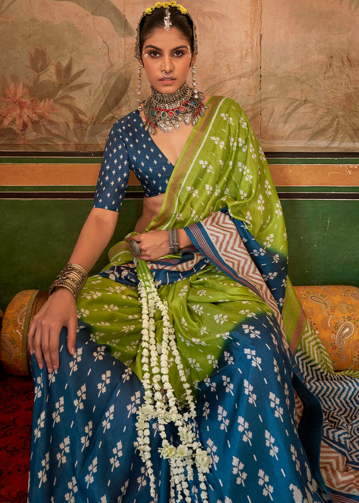 Blue & Green Silk Saree in Traditional Design with Aqua Finish