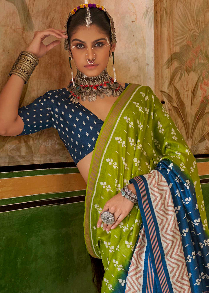 Blue & Green Silk Saree in Traditional Design with Aqua Finish
