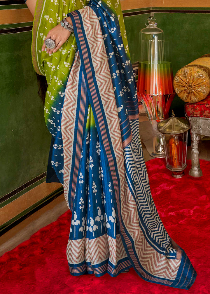 Blue & Green Silk Saree in Traditional Design with Aqua Finish