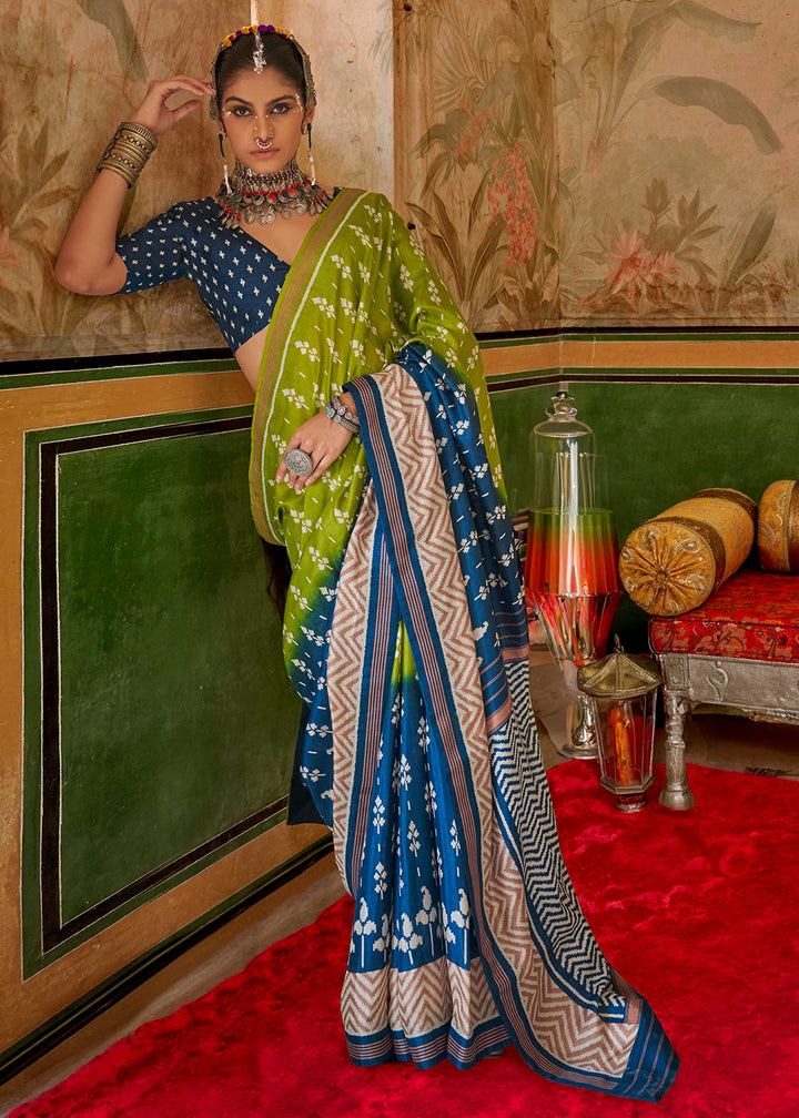 Blue & Green Silk Saree in Traditional Design with Aqua Finish