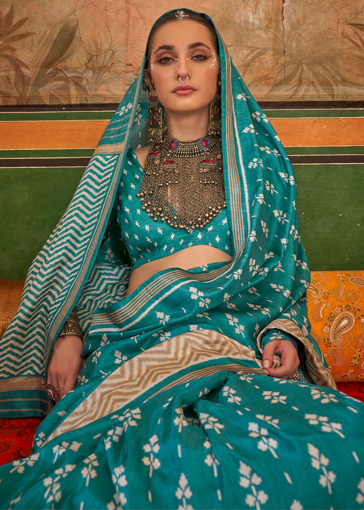 Bondi Blue Silk Saree in Traditional Design with Aqua Finish