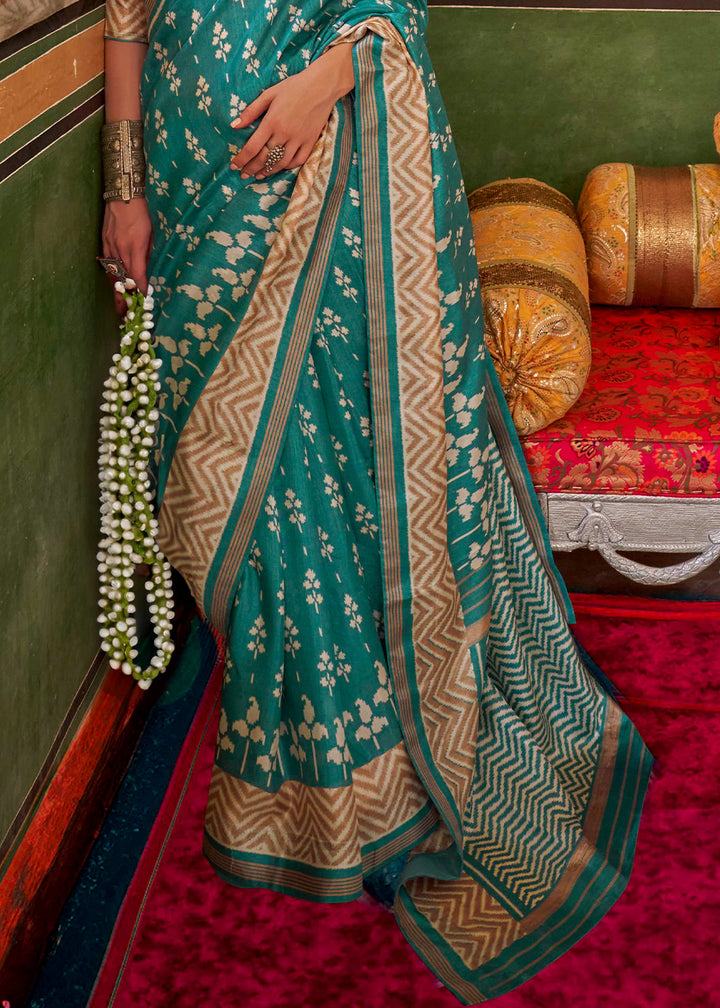 Bondi Blue Silk Saree in Traditional Design with Aqua Finish
