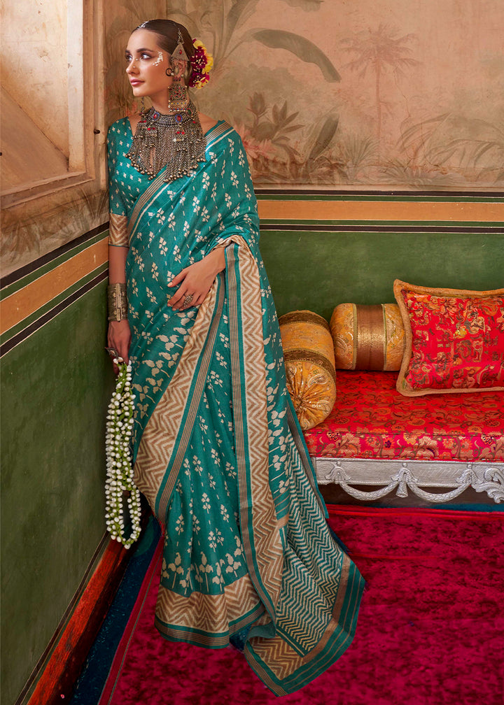 Bondi Blue Silk Saree in Traditional Design with Aqua Finish