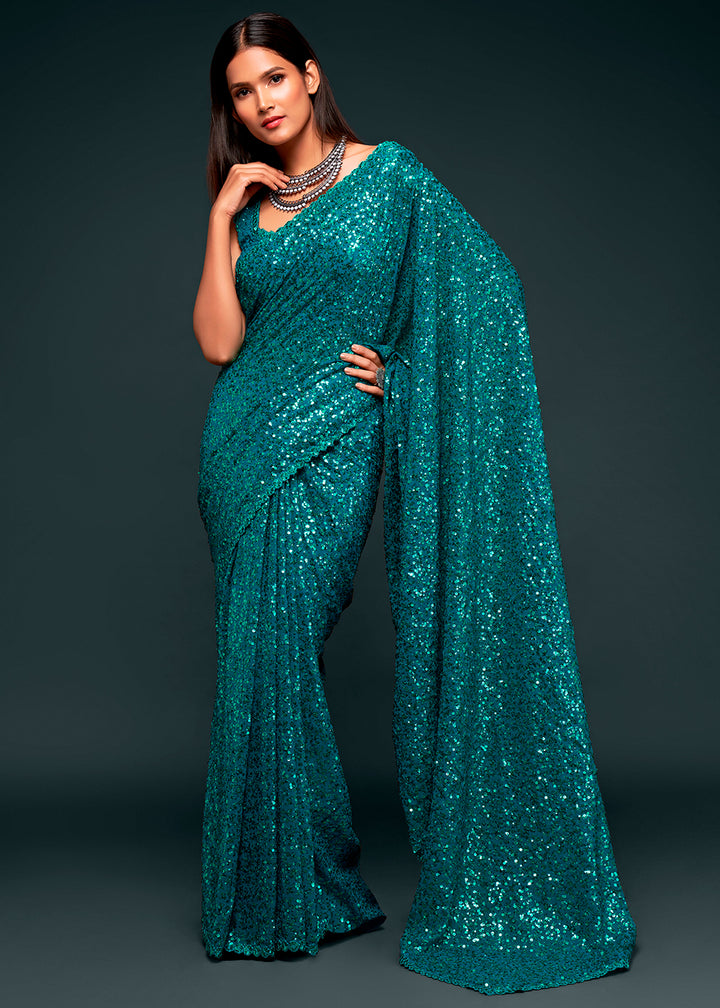 Bondi Blue Sequins Georgette Saree with Thread Embroidery