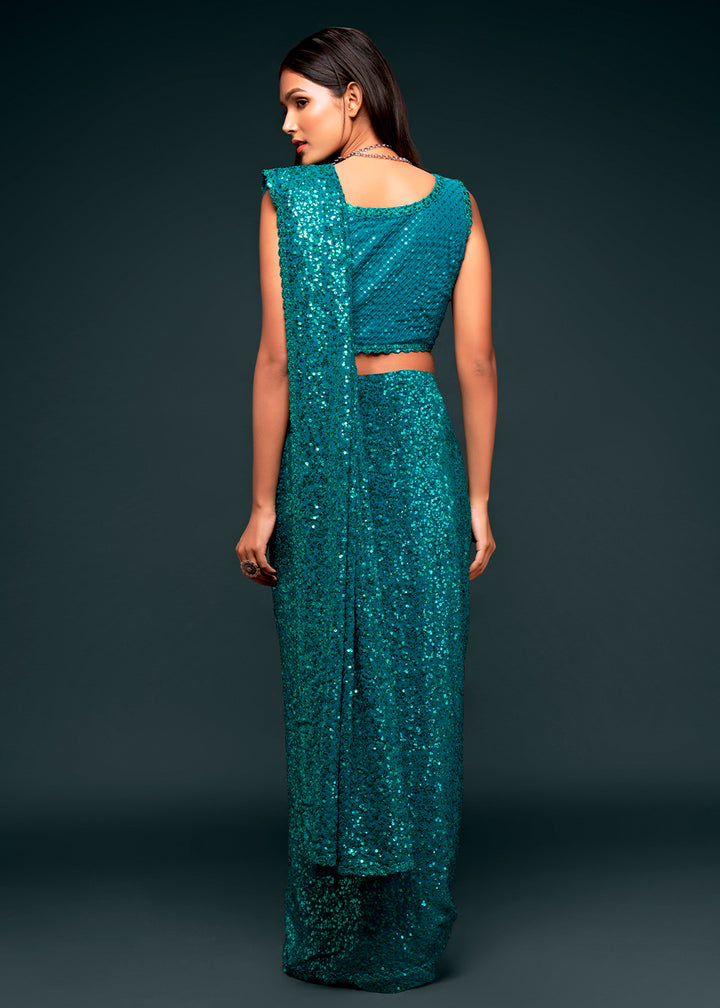 Bondi Blue Sequins Georgette Saree with Thread Embroidery