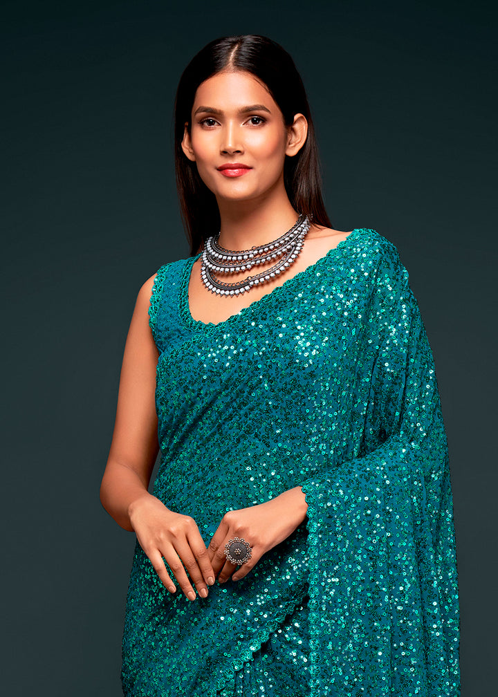 Bondi Blue Sequins Georgette Saree with Thread Embroidery