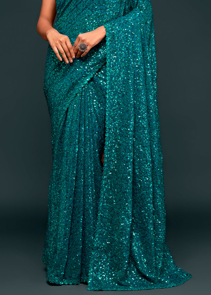 Bondi Blue Sequins Georgette Saree with Thread Embroidery