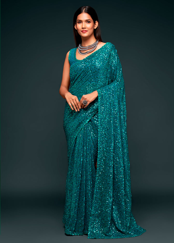 Bondi Blue Sequins Georgette Saree with Thread Embroidery