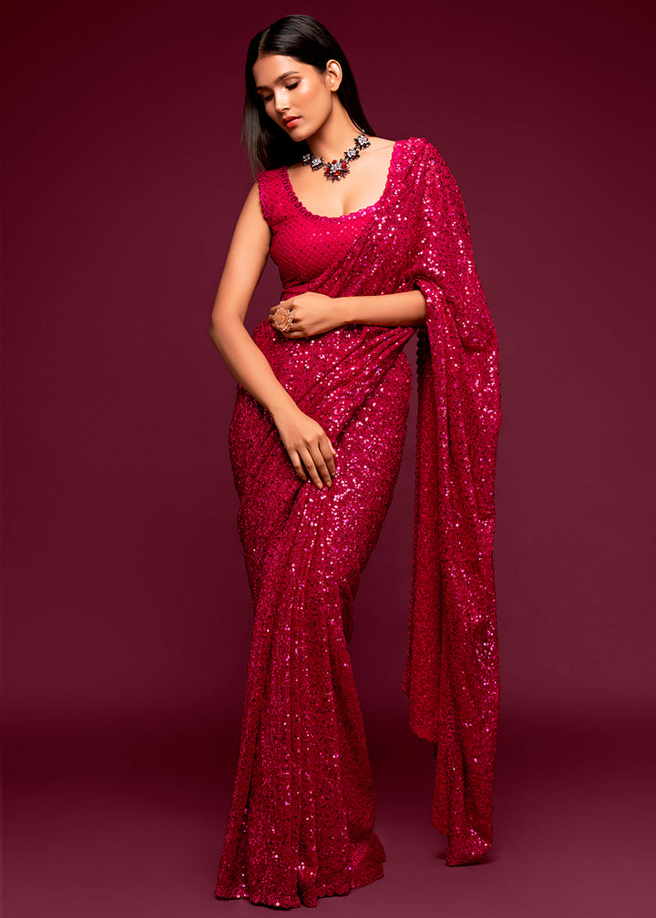Bright Pink Sequins Georgette Saree with Thread Embroidery