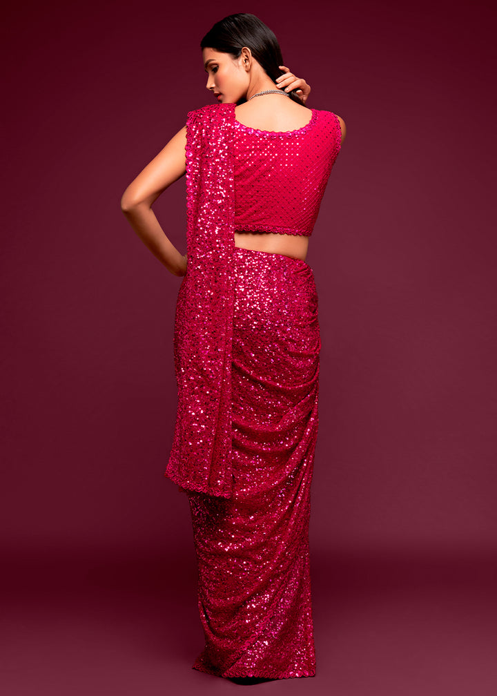 Bright Pink Sequins Georgette Saree with Thread Embroidery