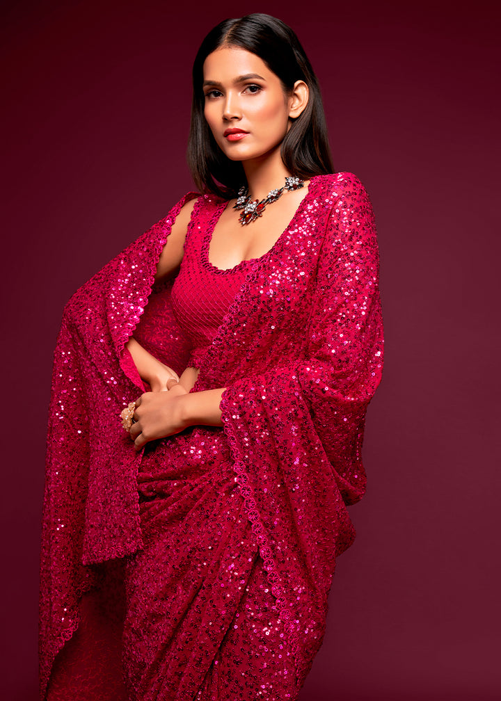 Bright Pink Sequins Georgette Saree with Thread Embroidery