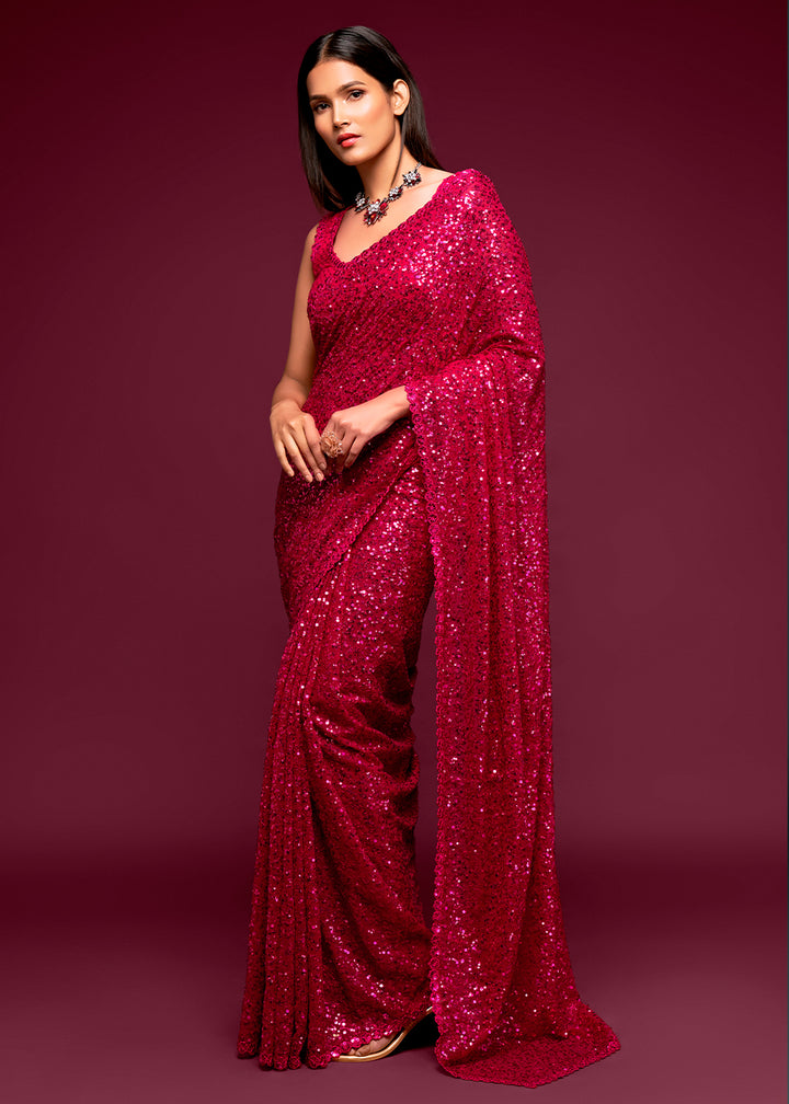 Bright Pink Sequins Georgette Saree with Thread Embroidery