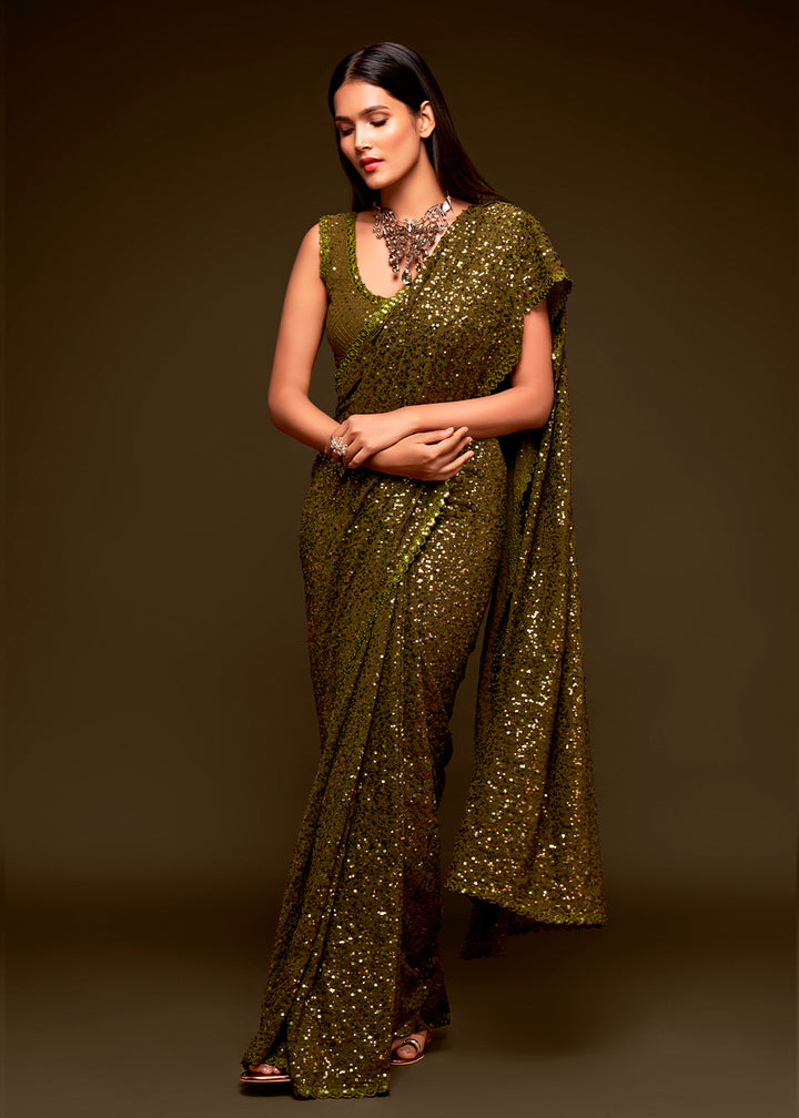 Army Green Sequins Georgette Saree with Thread Embroidery