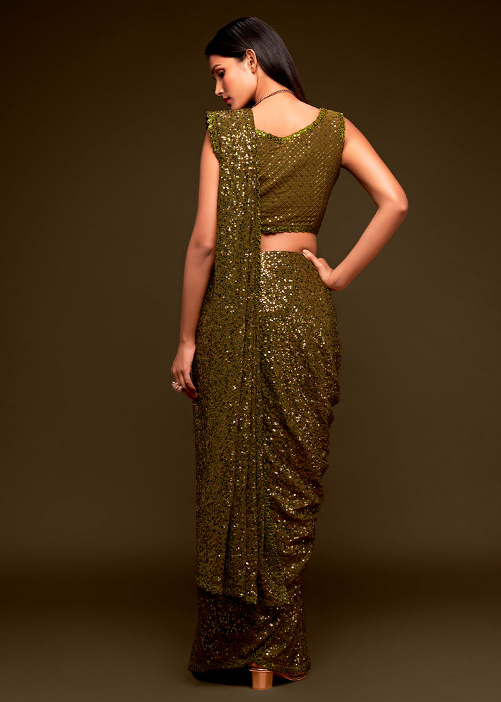 Army Green Sequins Georgette Saree with Thread Embroidery