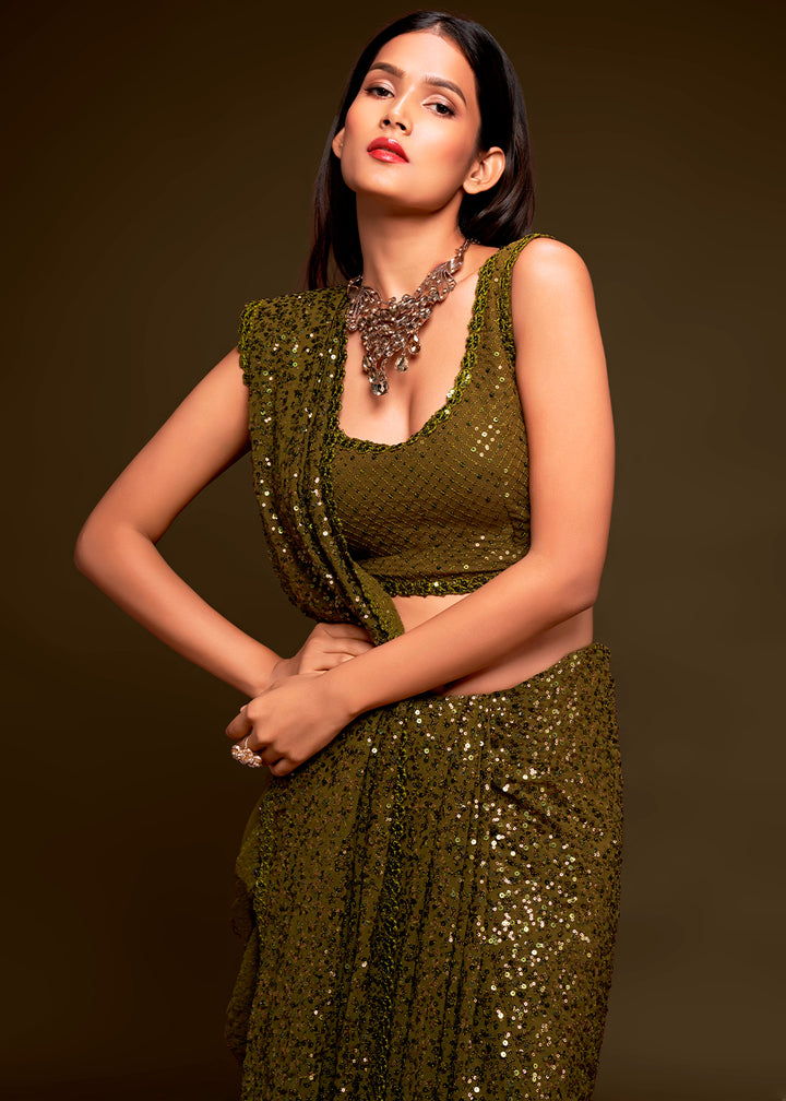Army Green Sequins Georgette Saree with Thread Embroidery