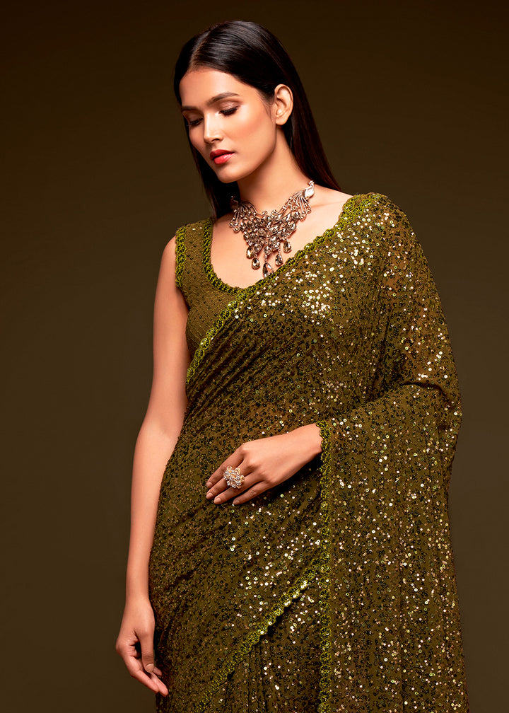 Army Green Sequins Georgette Saree with Thread Embroidery