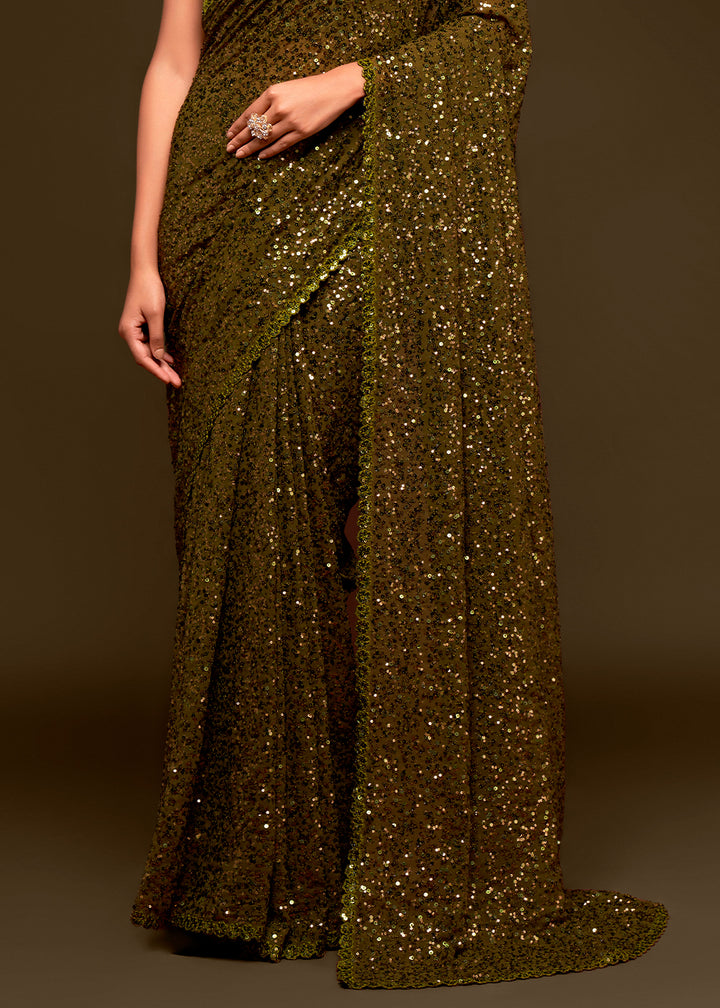 Army Green Sequins Georgette Saree with Thread Embroidery