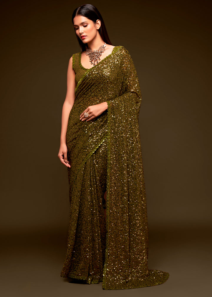Army Green Sequins Georgette Saree with Thread Embroidery