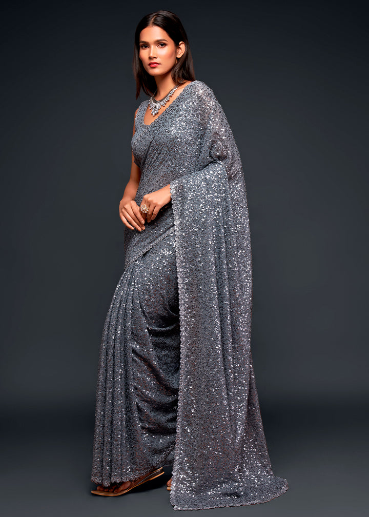 Anchor Grey Sequins Georgette Saree with Thread Embroidery