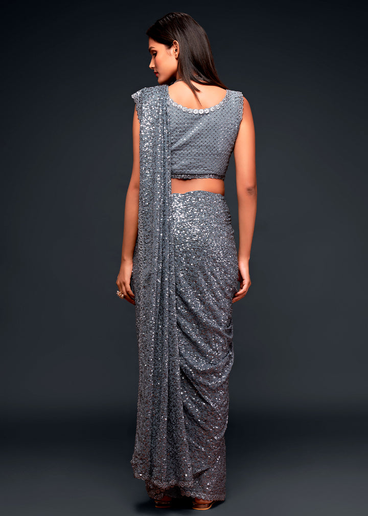 Anchor Grey Sequins Georgette Saree with Thread Embroidery