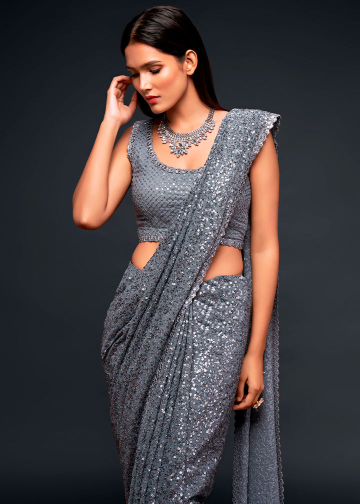 Anchor Grey Sequins Georgette Saree with Thread Embroidery