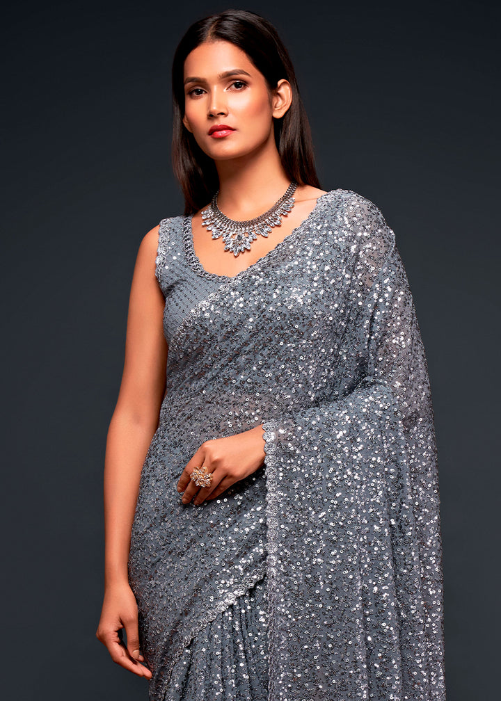 Anchor Grey Sequins Georgette Saree with Thread Embroidery