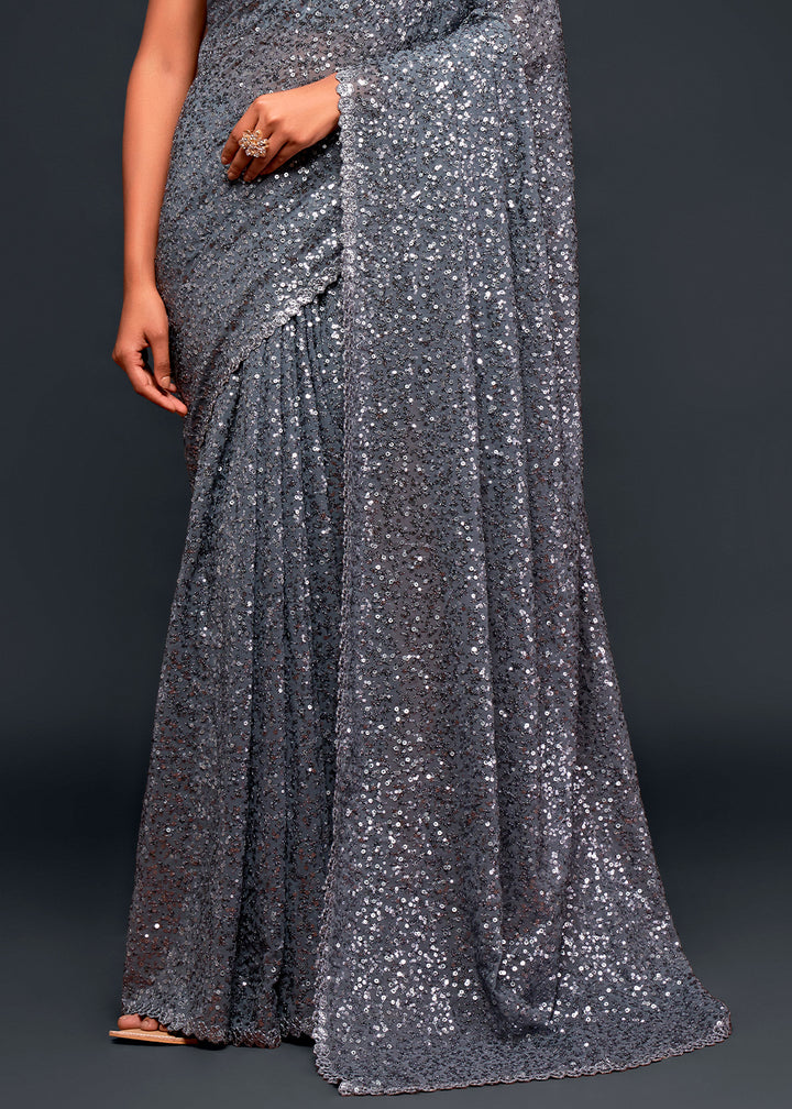Anchor Grey Sequins Georgette Saree with Thread Embroidery