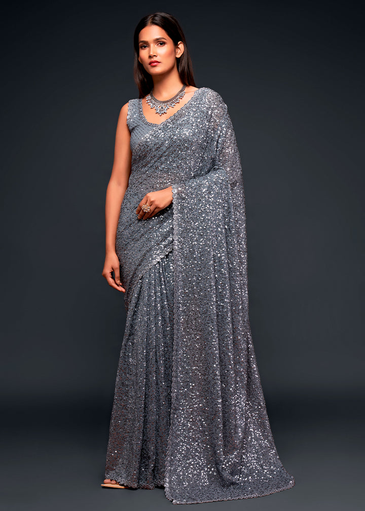 Anchor Grey Sequins Georgette Saree with Thread Embroidery
