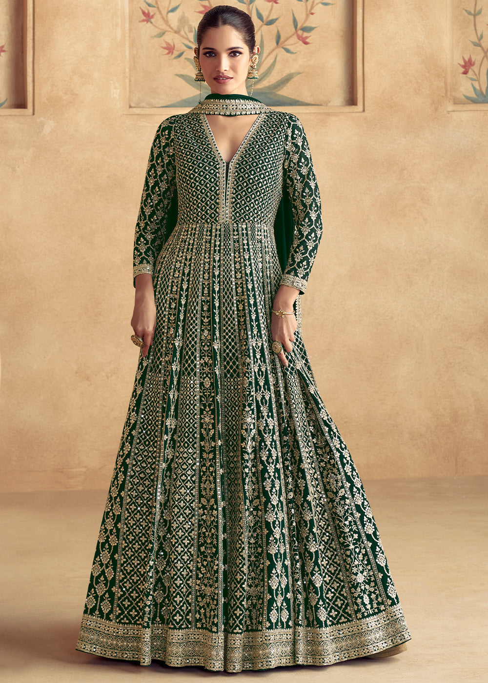 Dark Green Georgette Embroidered Anarkali Gown – House of Sarvatii LLC
