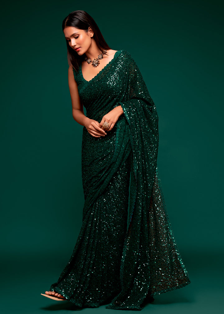 Dark Green Sequins Georgette Saree with Thread Embroidery