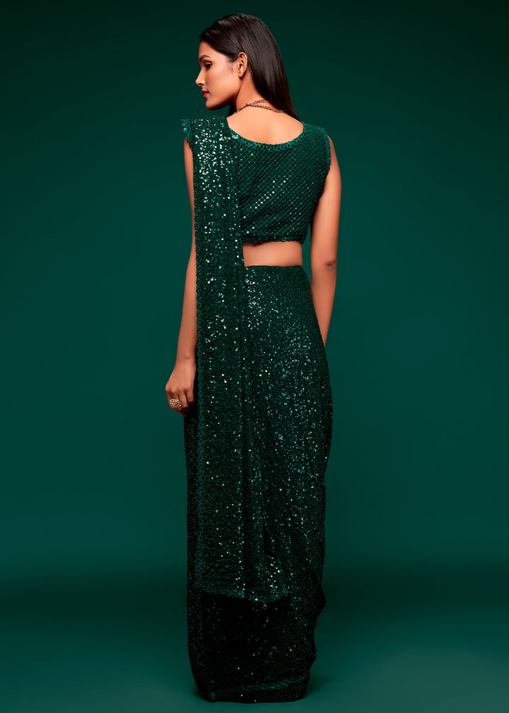 Dark Green Sequins Georgette Saree with Thread Embroidery