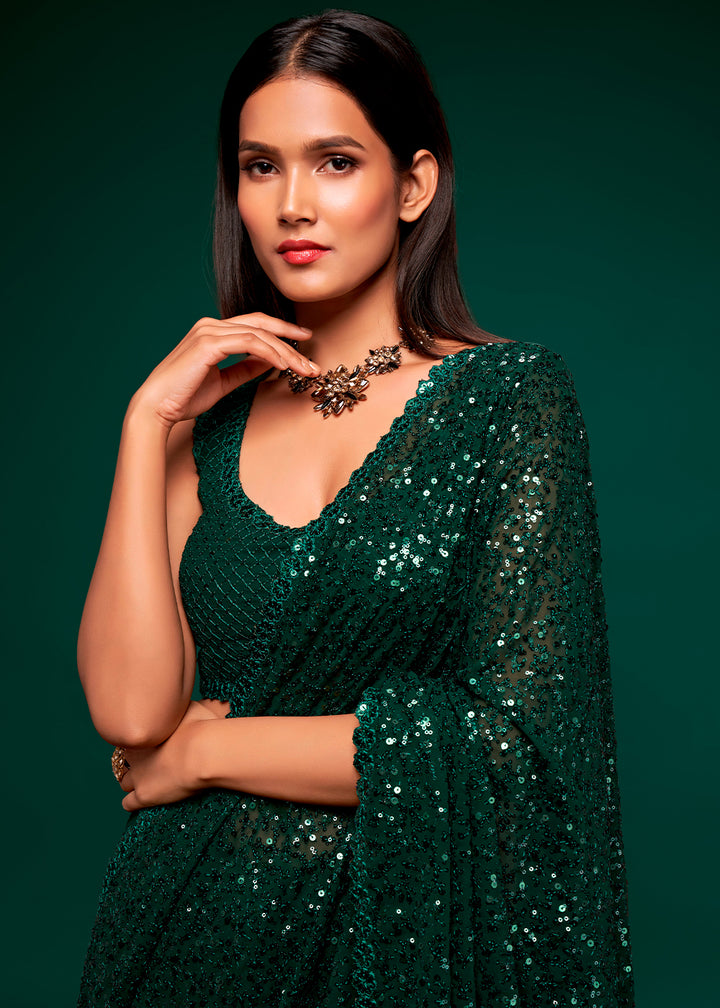 Dark Green Sequins Georgette Saree with Thread Embroidery