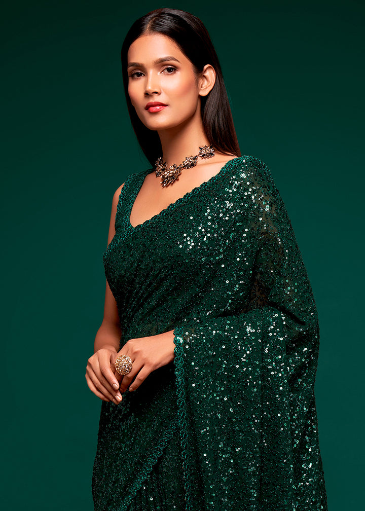 Dark Green Sequins Georgette Saree with Thread Embroidery