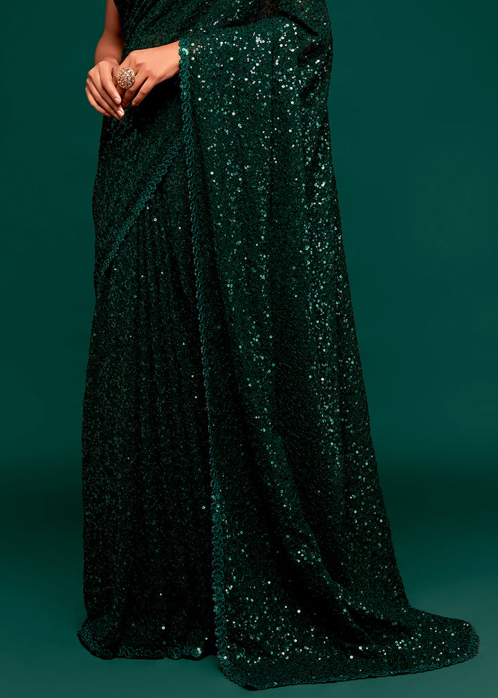 Dark Green Sequins Georgette Saree with Thread Embroidery