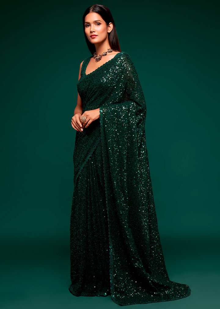 Dark Green Sequins Georgette Saree with Thread Embroidery