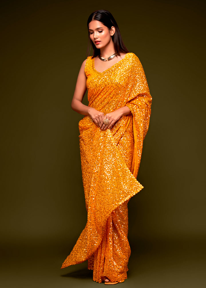 Fire Yellow Sequins Georgette Saree with Thread Embroidery