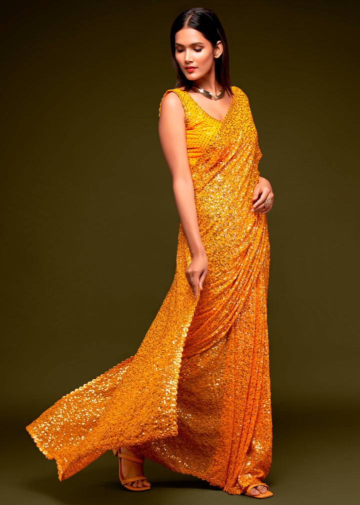 Fire Yellow Sequins Georgette Saree with Thread Embroidery