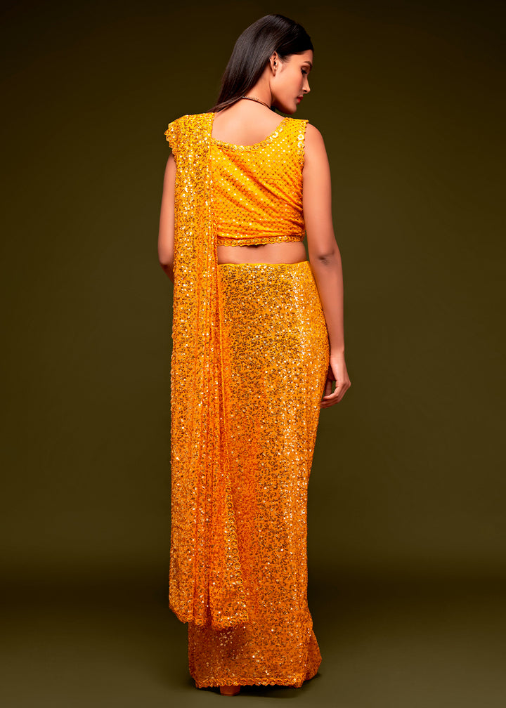 Fire Yellow Sequins Georgette Saree with Thread Embroidery
