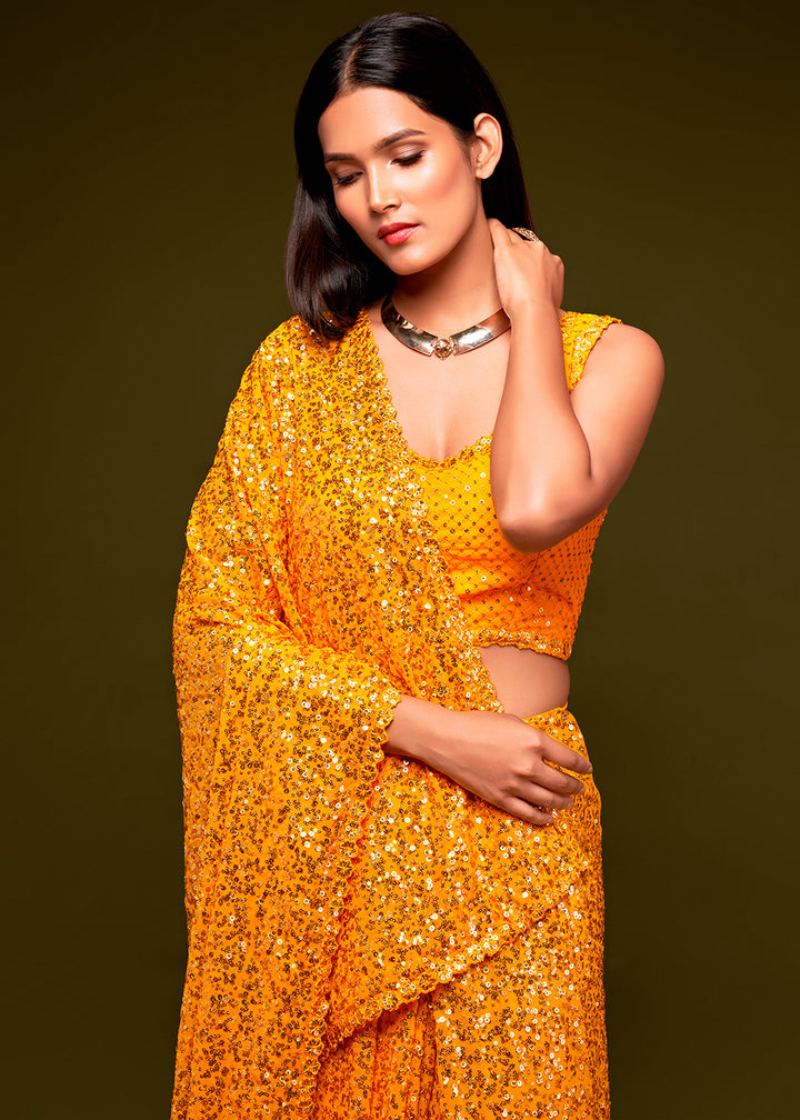 Fire Yellow Sequins Georgette Saree with Thread Embroidery