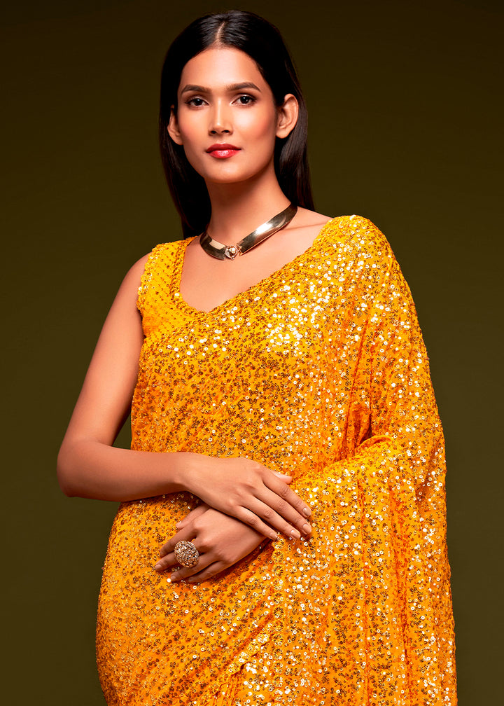 Fire Yellow Sequins Georgette Saree with Thread Embroidery