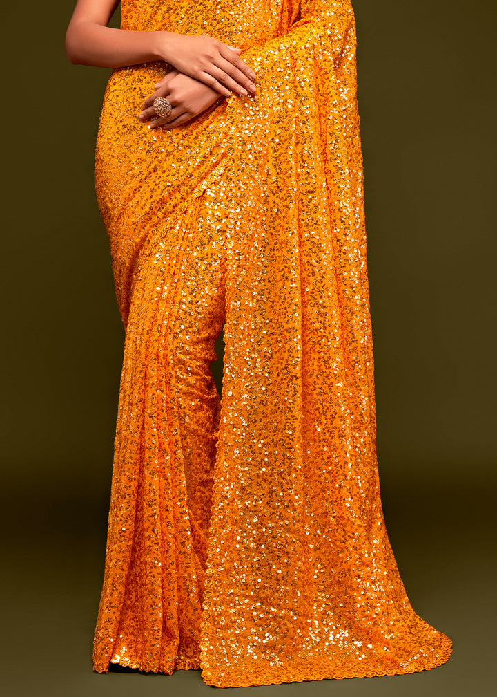 Fire Yellow Sequins Georgette Saree with Thread Embroidery