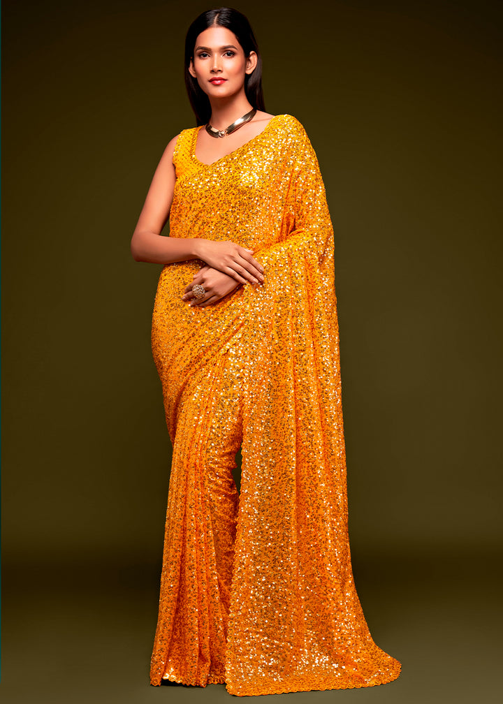 Fire Yellow Sequins Georgette Saree with Thread Embroidery