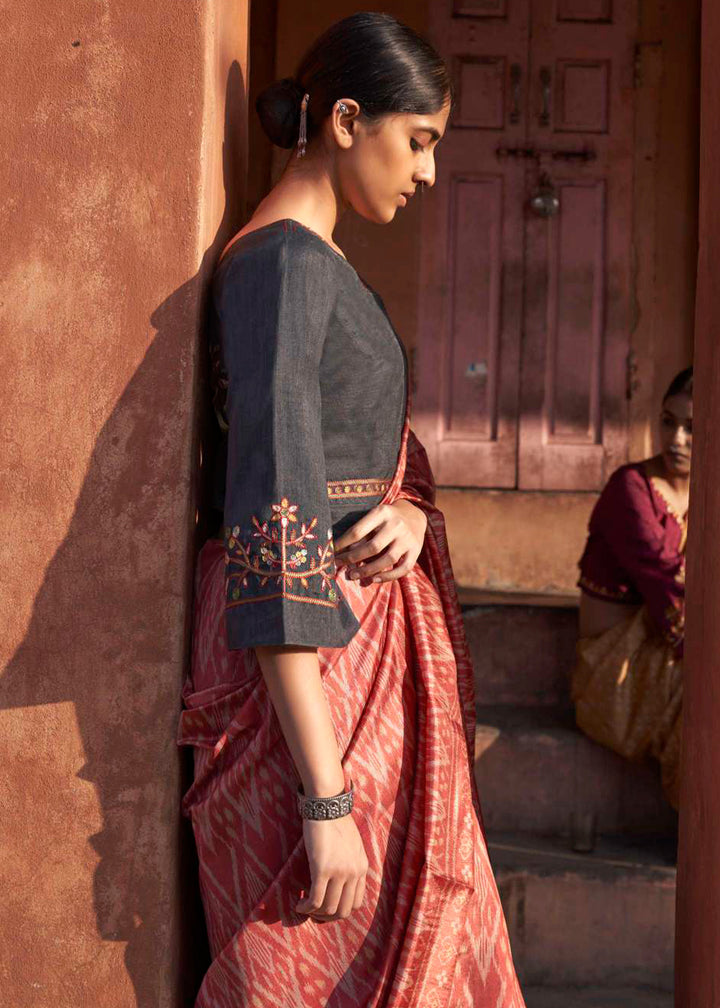 Persian Red Ikkat Silk Saree with Stunning Designer Embroidery Blouse