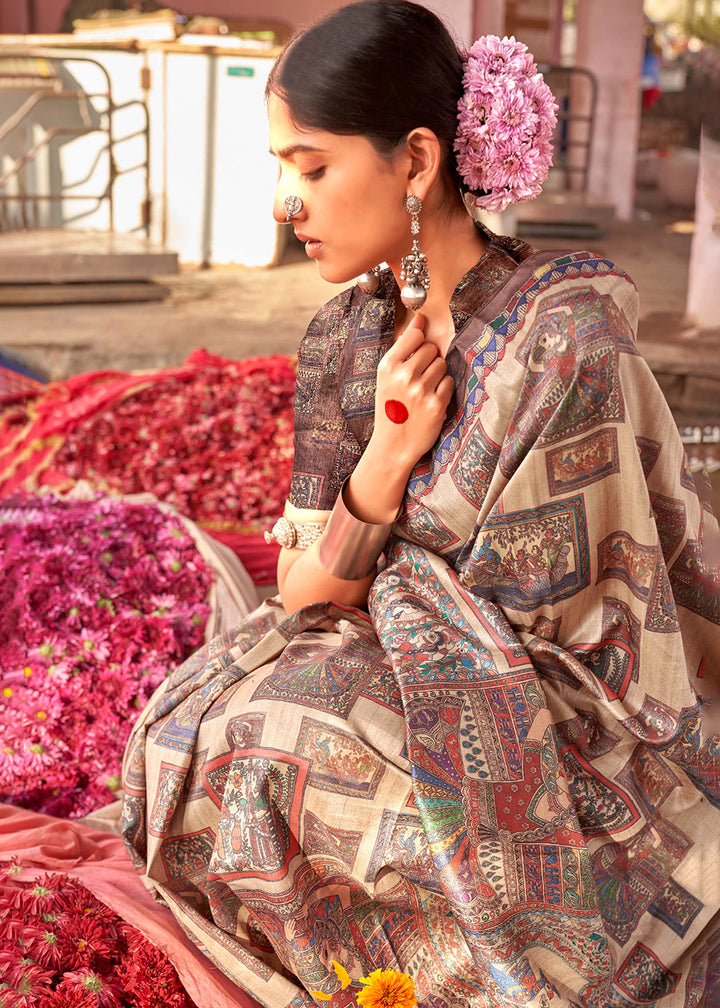 Shades of Brown Silk Saree Featuring Madhubani Art