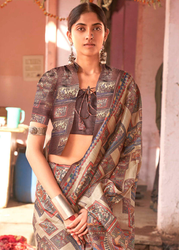 Shades of Brown Silk Saree Featuring Madhubani Art