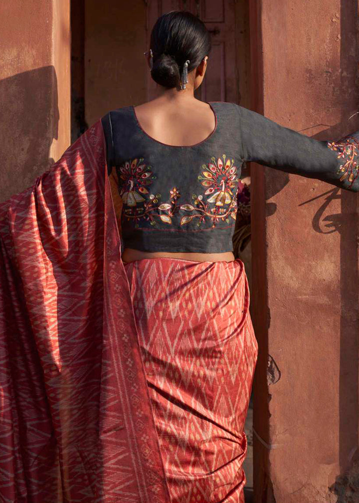 Persian Red Ikkat Silk Saree with Stunning Designer Embroidery Blouse