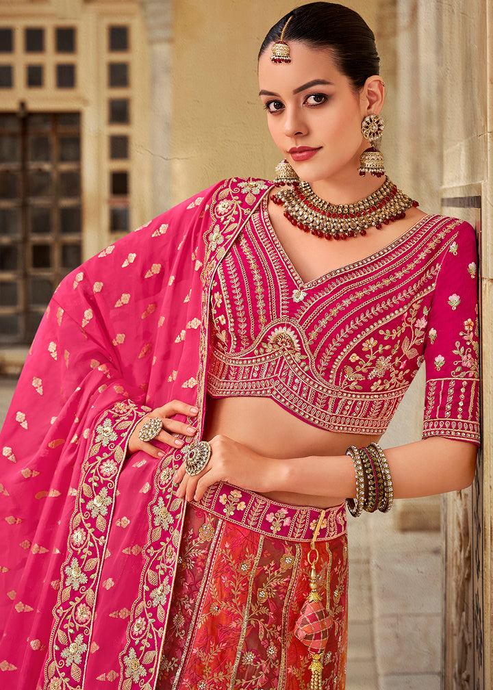 Magenta Pink Banarasi Silk Lehenga Choli with Zarkan, Sequins & Thread Work