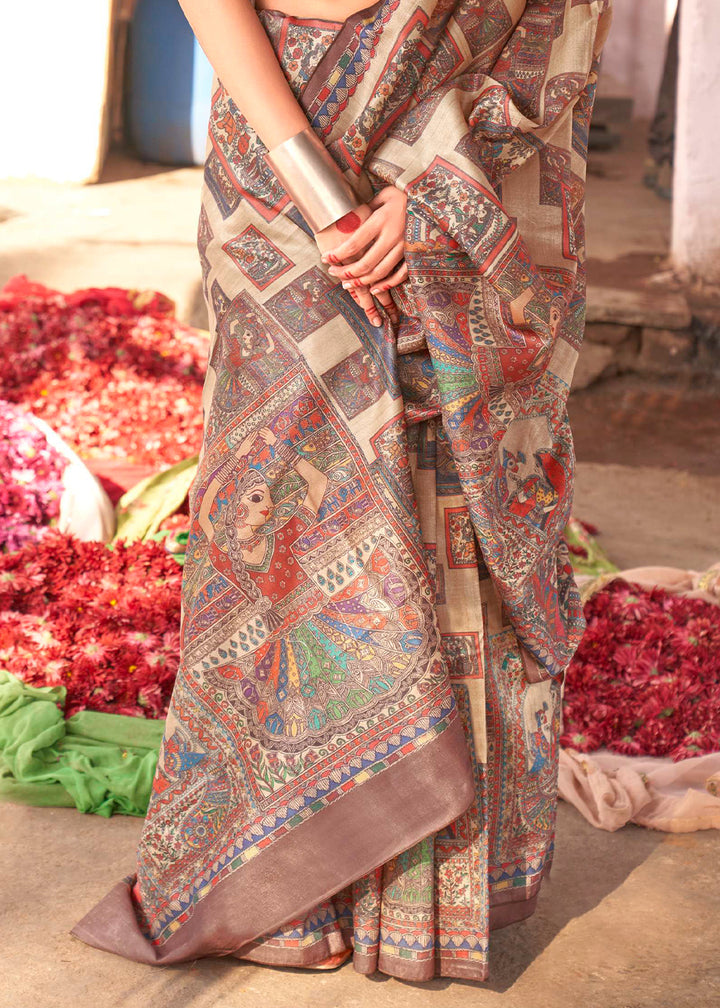 Shades of Brown Silk Saree Featuring Madhubani Art