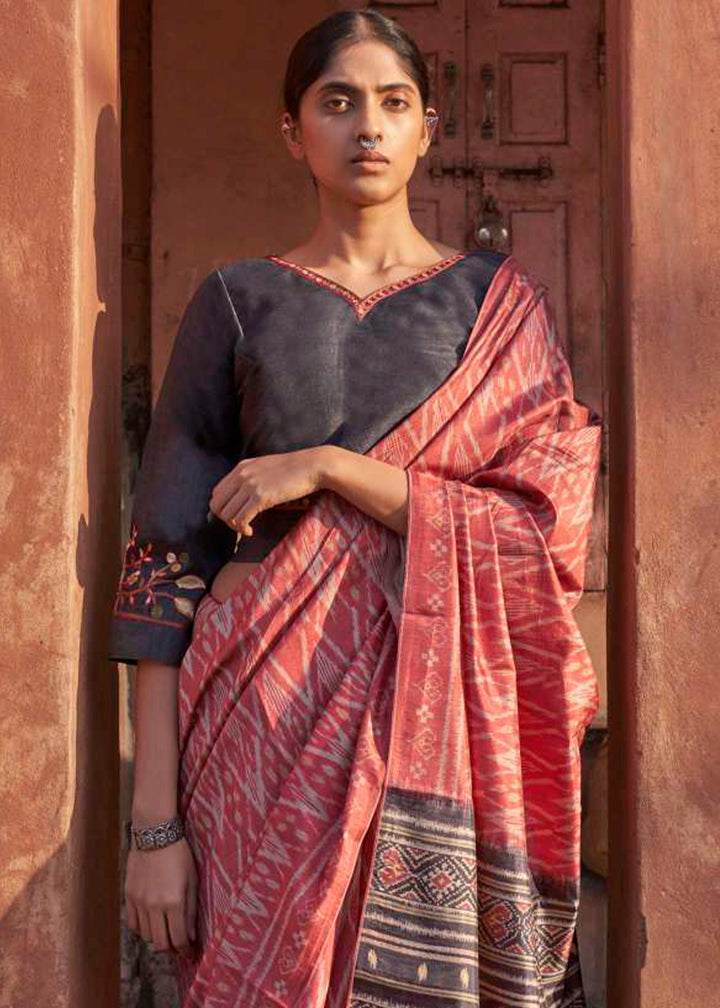 Persian Red Ikkat Silk Saree with Stunning Designer Embroidery Blouse